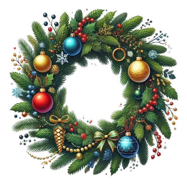 Round evergreen wreath decorated with red, blue and gold ornaments on a transparent background