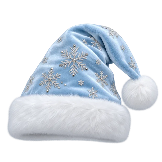 Pale blue hat decorated with silver snowflake details and white fur trim
