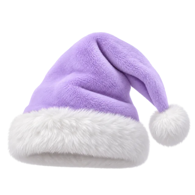 Soft lavender hat with a broad fluffy white cuff and white pom-pom