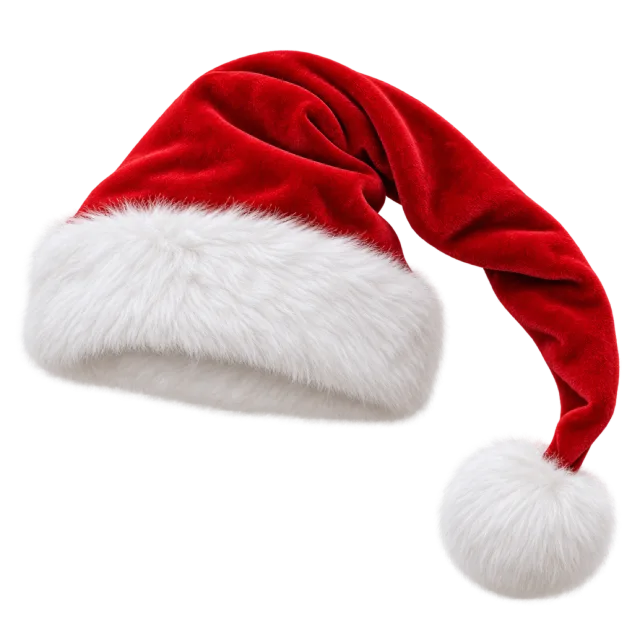 Red Santa hat with an elongated drooping tail ending in a large white pom-pom