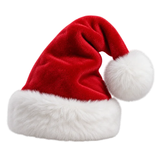 Compact red Santa hat with a thick white cuff and large fluffy white pom-pom