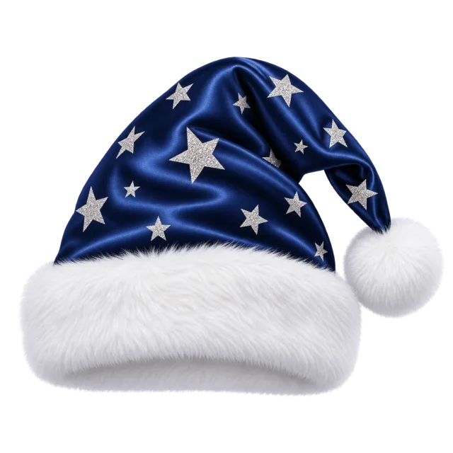Dark navy hat covered in silver stars with a white furry cuff and pom-pom