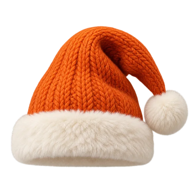 Bright orange knitted hat with a cream furry cuff and pale yarn pom-pom