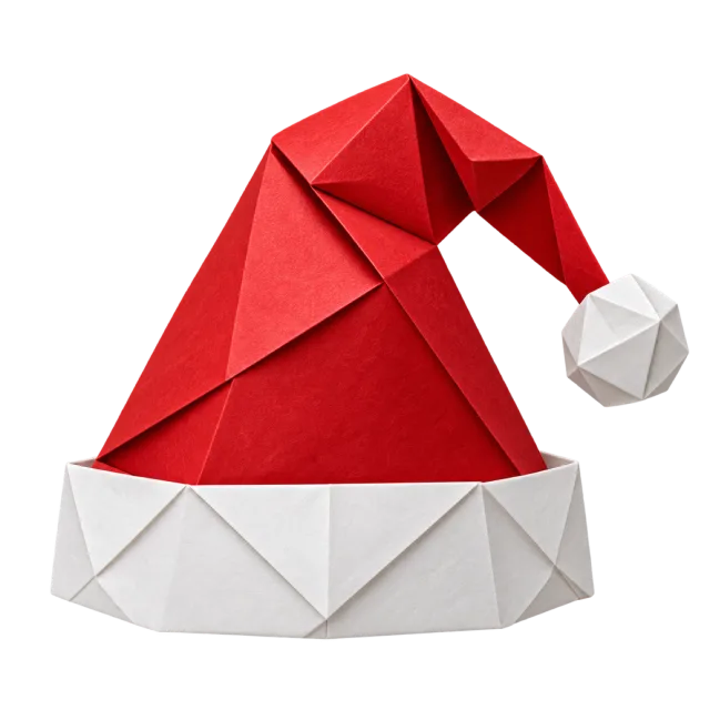 Angular folded red paper hat with a geometric white cuff and faceted pom-pom