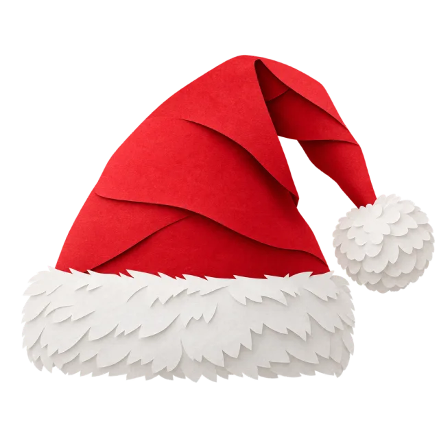 Red paper-style Santa hat with overlapping folds and fringed white trim