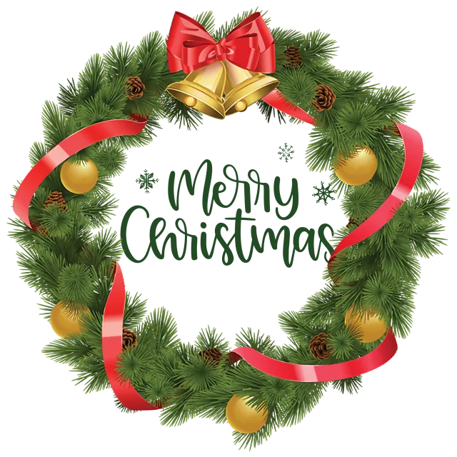 Green wreath with red ribbons surrounding merry Christmas lettering on a transparent background