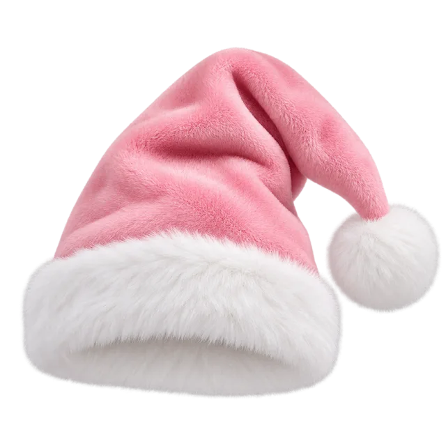 Pale pink plush-style hat with a wide fluffy white cuff and white pom-pom