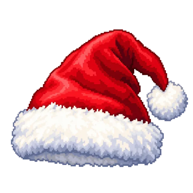 Red Santa hat rendered with stepped pixel edges and shaded white fur trim