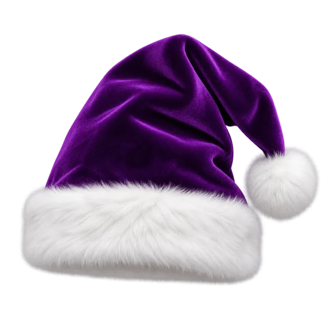 Rich purple velvet-style hat with glossy folds and fluffy white trim