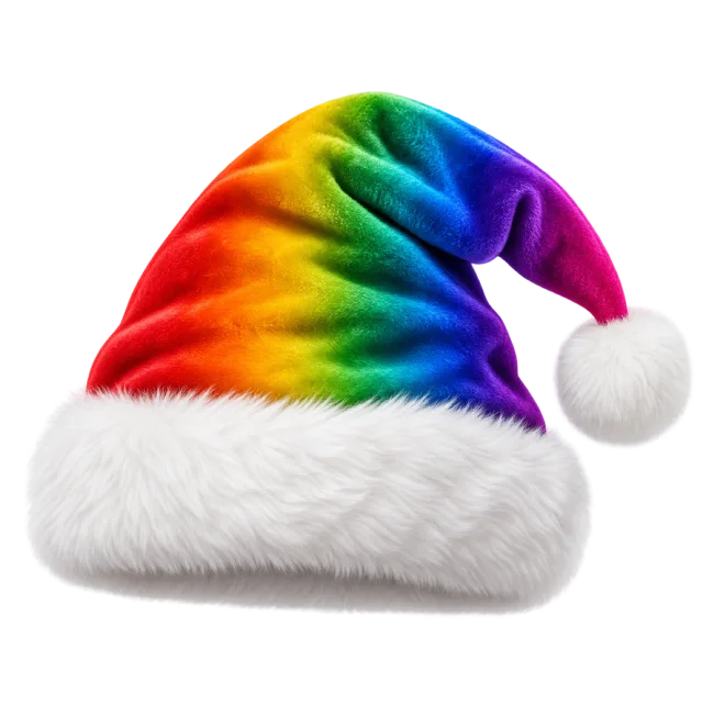 Santa hat blending bright rainbow colors above a fluffy white cuff