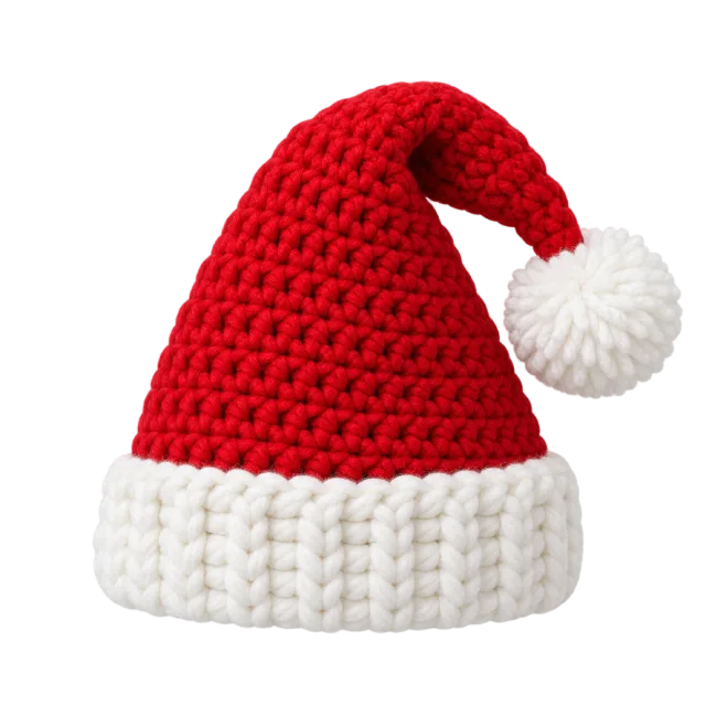 Red crocheted hat with a chunky white stitched cuff and white yarn pom-pom