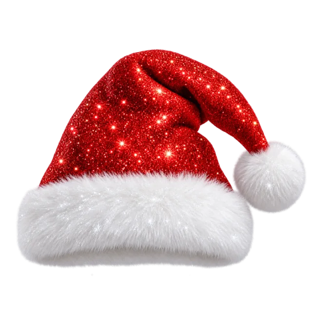 Sparkling red glitter hat with a soft white furry cuff and white pom-pom