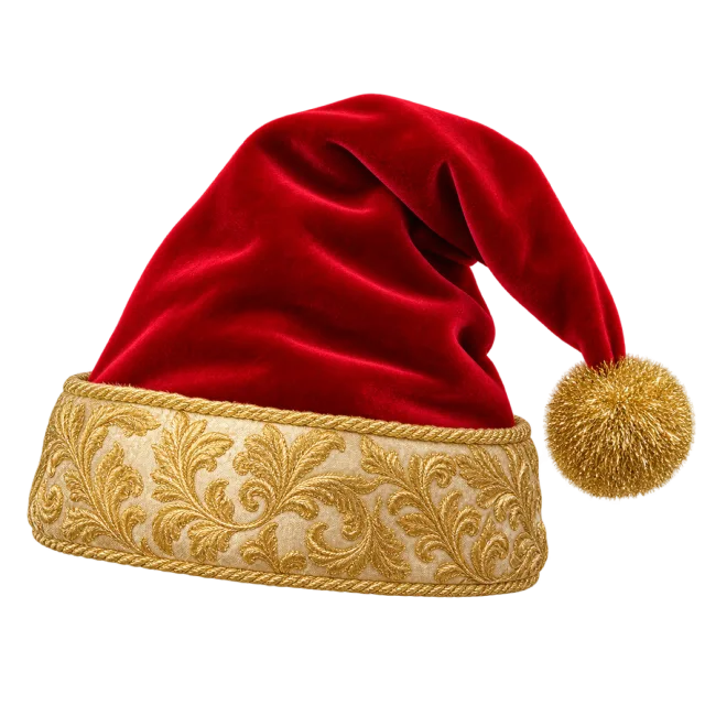 Red velvet-style hat with an embroidered-looking gold cuff and gold pom-pom