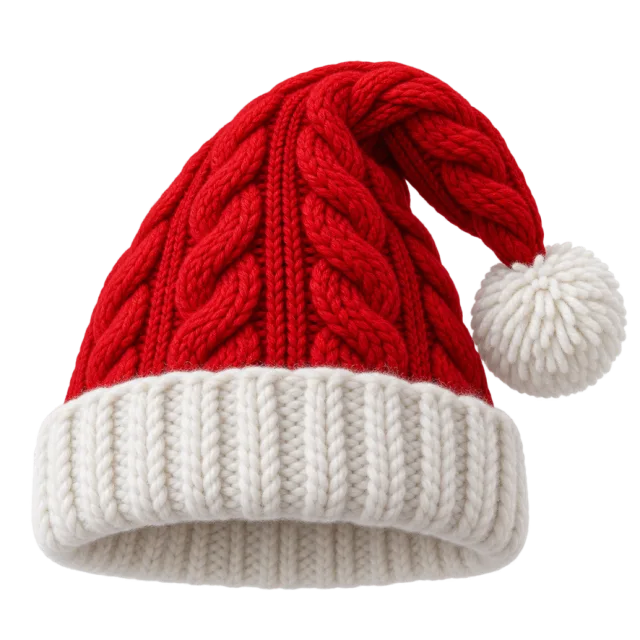Red cable-knit hat with a thick white ribbed cuff and white yarn pom-pom
