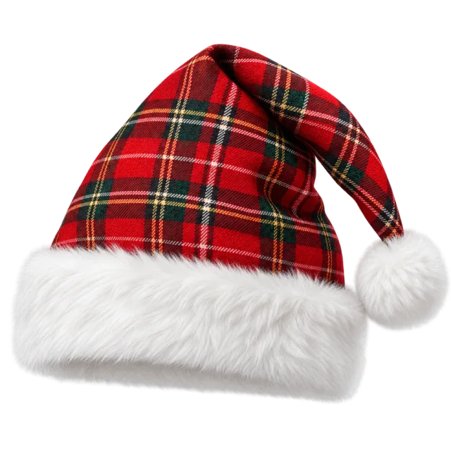 Red tartan hat crossed by dark green and pale lines above white fur trim