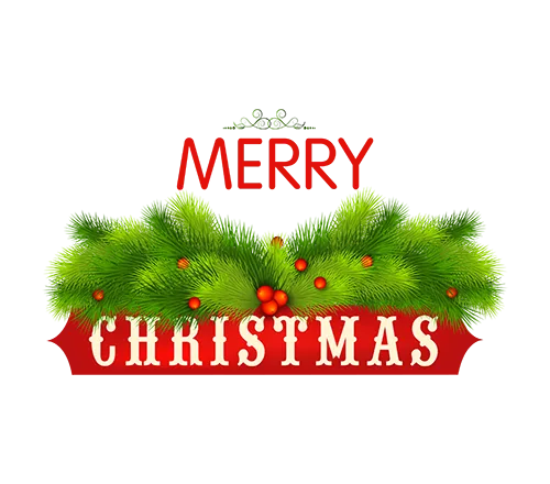 Red merry Christmas text combined with an evergreen branch and red ornaments on a transparent background