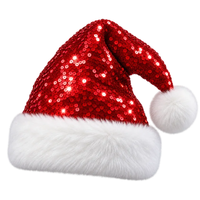 Red hat covered in overlapping shiny sequins with fluffy white trim