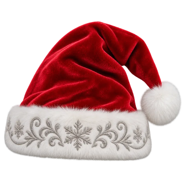 Red velvet-style hat with silver floral and snowflake motifs on its white cuff