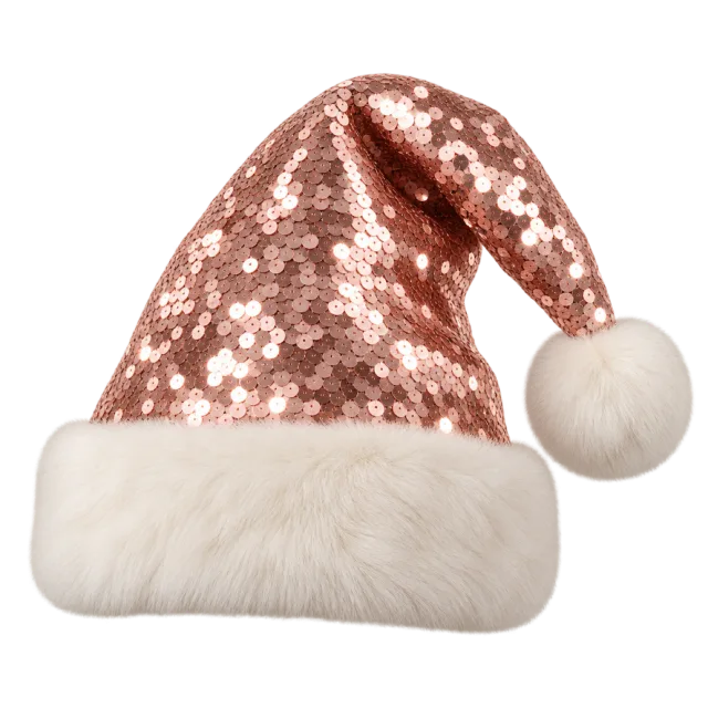 Rose gold-colored sequin hat with a cream furry cuff and pale pom-pom