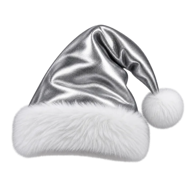 Shiny silver hat with reflective folds and soft white fur trim