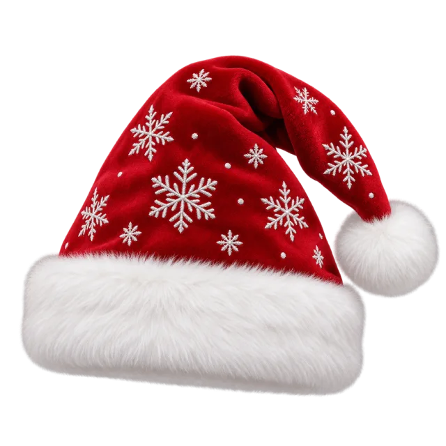 Red hat decorated with white snowflake motifs above a fluffy white cuff