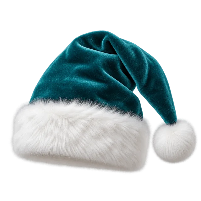Deep teal velvet-style hat with a white furry cuff and dangling white pom-pom