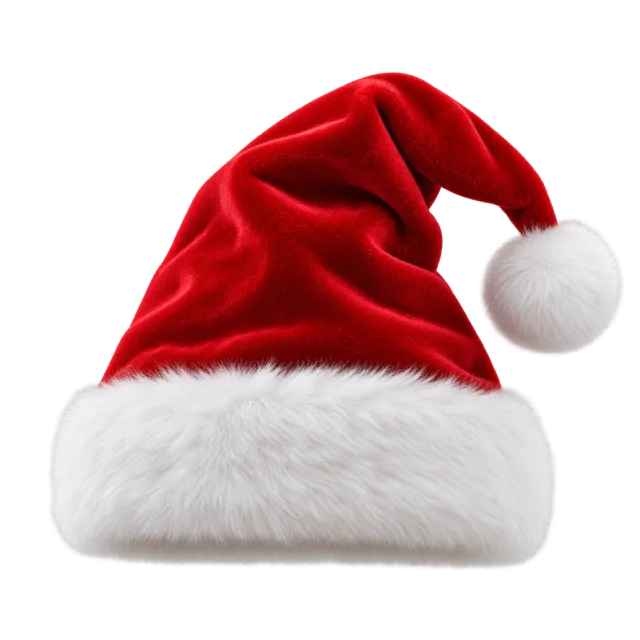 Red Santa hat with a tall crown and short sideways tip above broad white trim