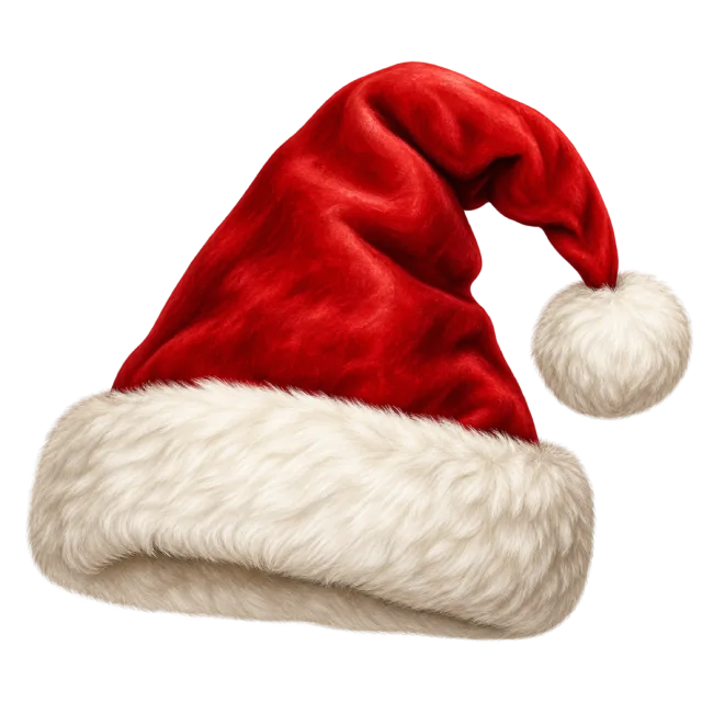 Illustrated red Santa hat with softly shaded folds and textured cream fur trim