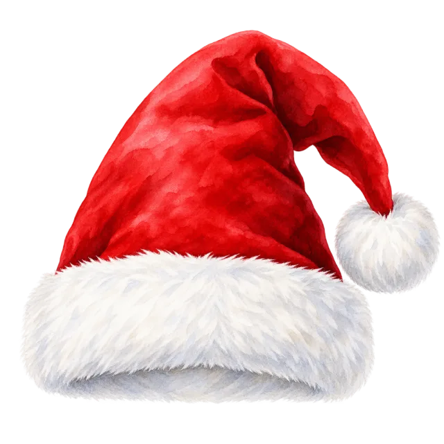Painted red Santa hat with soft watercolor shading and feathery white trim