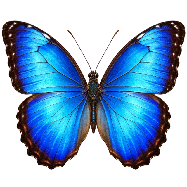 Open-wing butterfly illustration with luminous blue wings and dark brown edges