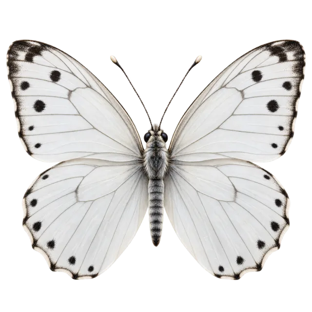 White butterfly illustration with fine gray wing veins and scattered black spots
