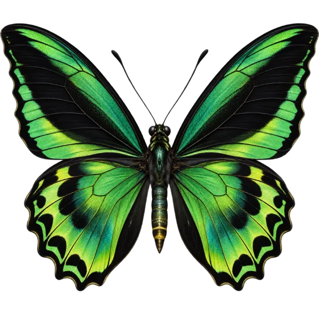 Butterfly illustration with long black upper wings and vivid green and yellow markings