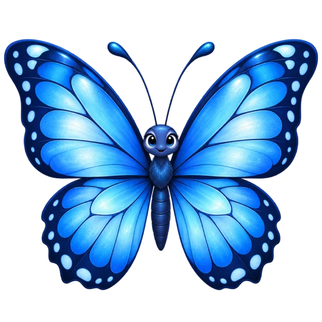 Blue cartoon butterfly with a smiling face, large eyes and dotted wing edges