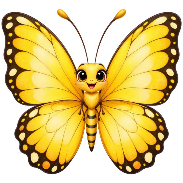 Yellow cartoon butterfly with a happy face and dark spotted wing borders