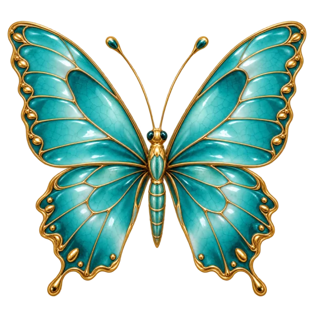 Glossy turquoise butterfly with gold outlines separating curved wing sections