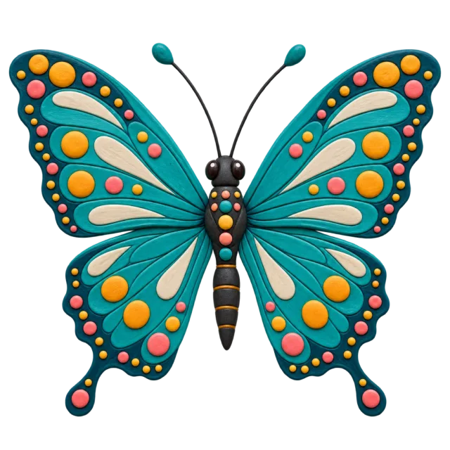 Teal clay-style butterfly with raised orange dots and pale pink wing details