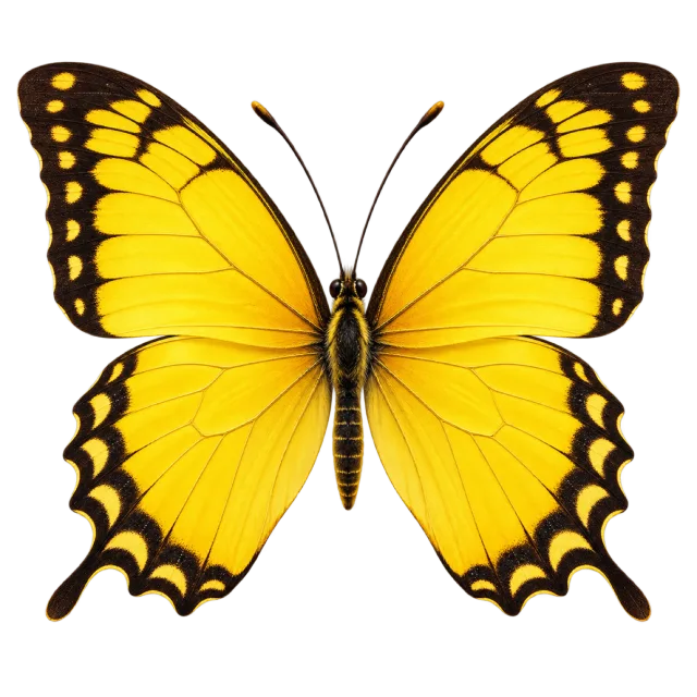 Yellow butterfly illustration with dark scalloped wing borders and fine veins