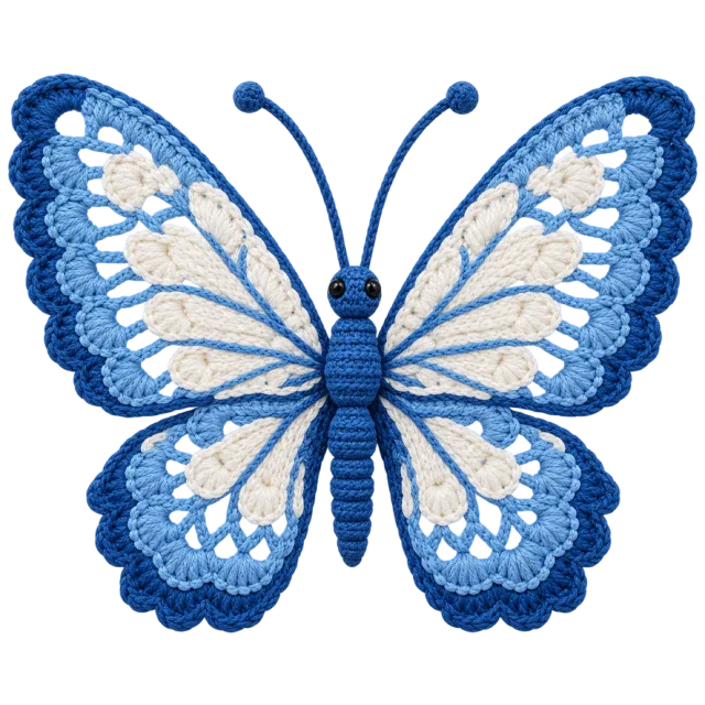 Crochet-style butterfly with blue scalloped borders and cream stitched wing patterns