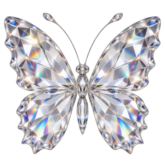 Clear crystal-style butterfly with angular facets and iridescent rainbow reflections