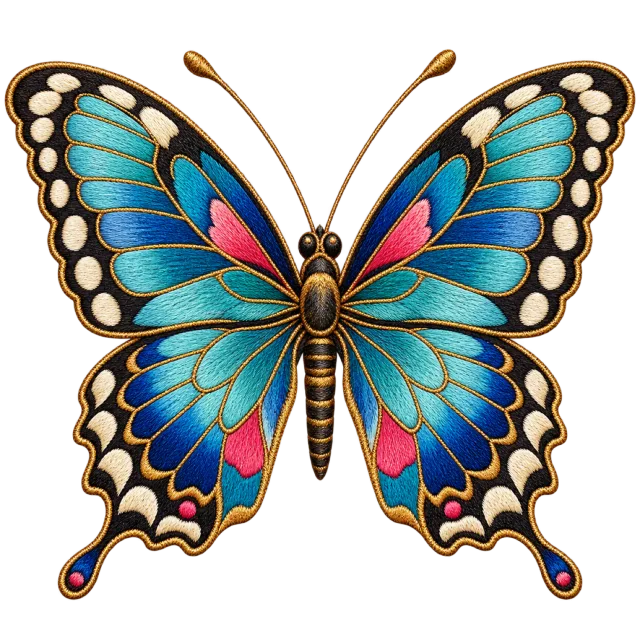 Butterfly with blue and teal stitched-looking wings, gold outlines and pink accents