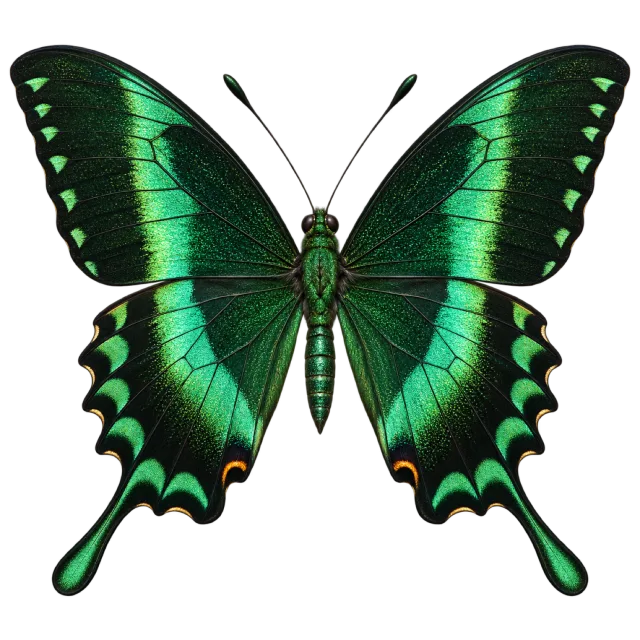 Dark butterfly illustration with bright emerald bands and pointed lower wing tails