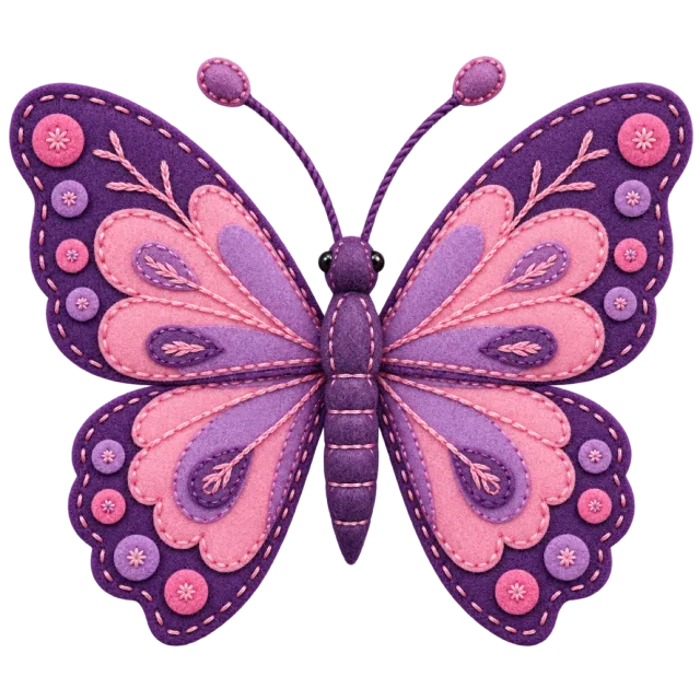 Felt-style butterfly with pink appliqué wing shapes, purple edges and visible stitches