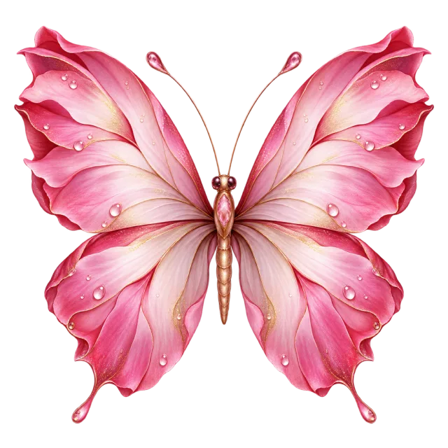 Fantasy butterfly with layered pink petal-like wings and tiny pale bead accents