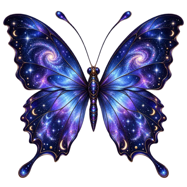 Fantasy butterfly with deep blue wings filled with stars and swirling purple galaxy patterns