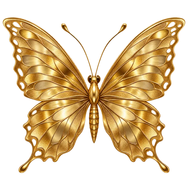 Golden butterfly with curved reflective wing sections and small oval edge details