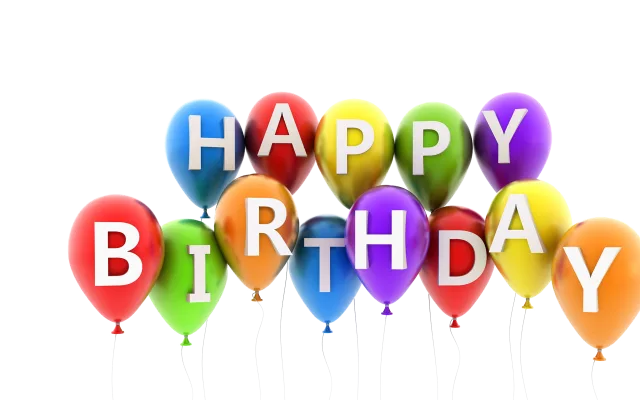 Happy birthday words formed from bright balloon-shaped letters on a transparent background