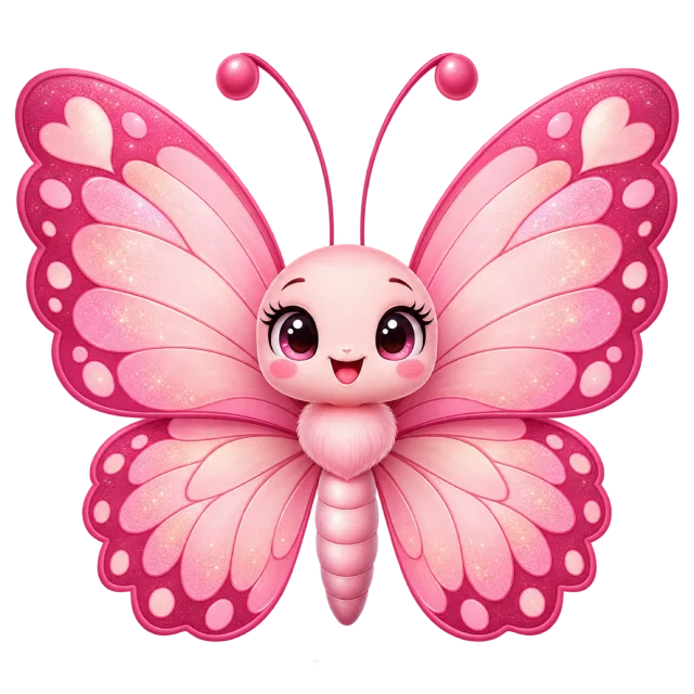 Pink cartoon butterfly with large dark eyes, rosy cheeks and rounded patterned wings