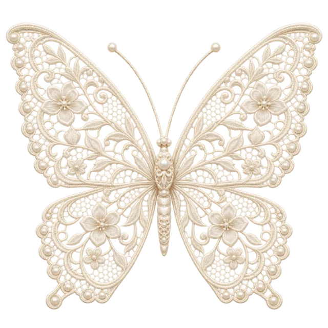 Delicate ivory butterfly with floral lace patterns and scalloped wing edges