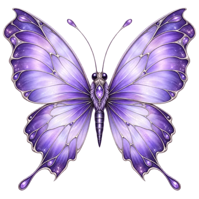 Fantasy butterfly with pale lavender wing panels, darker purple edges and fine highlights