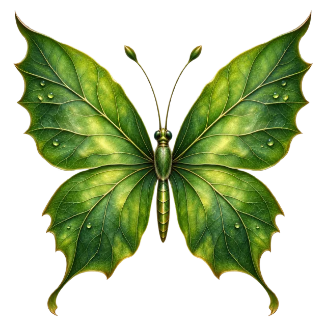 Fantasy butterfly with pointed green leaf-shaped wings and branching leaf veins
